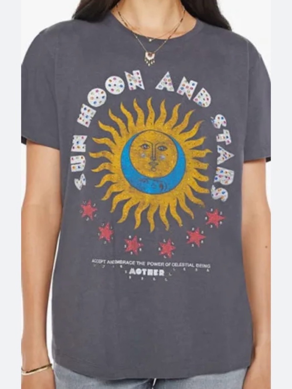 MOTHER Embellished Charcoal Short Sleeve Tee with Yellow Sun & Blue Crescent